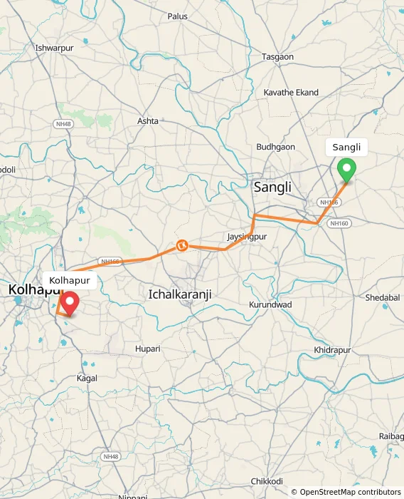 Route map showing distance and travel time from Sangli, India to Kolhapur, India