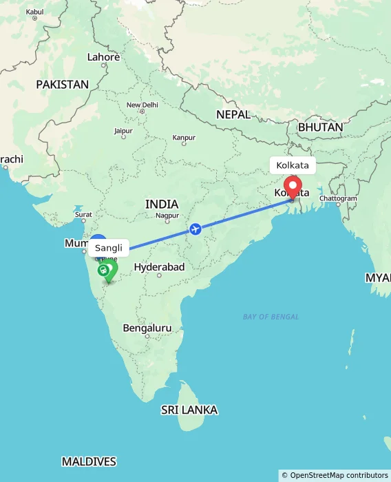 Route map showing distance and travel time from Sangli, India to Kolkata, India