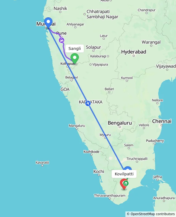 Route map showing distance and travel time from Sangli, India to Kovilpatti, India