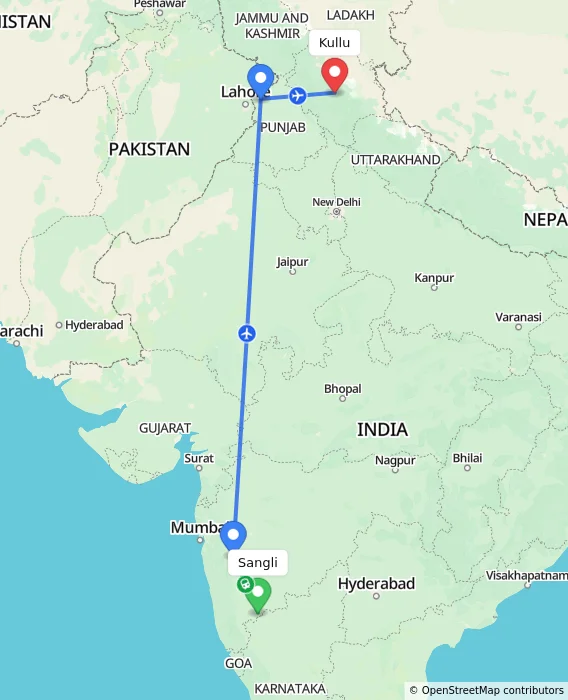 Route map showing distance and travel time from Sangli, India to Kullu, India