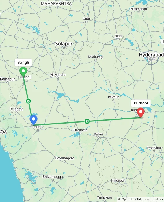 Route map showing distance and travel time from Sangli, India to Kurnool, India