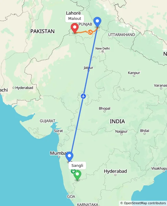 Route map showing distance and travel time from Sangli, India to Malout, India