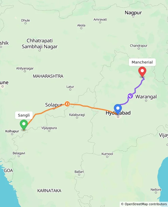Route map showing distance and travel time from Sangli, India to Mancherial, India