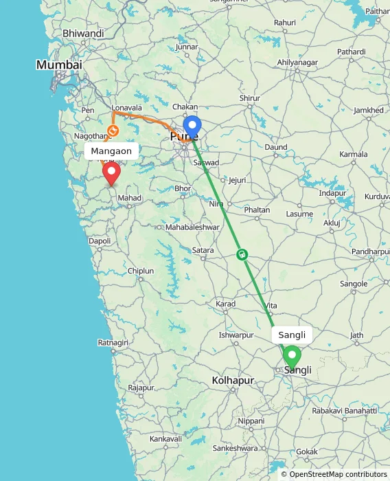 Route map showing distance and travel time from Sangli, India to Mangaon, India
