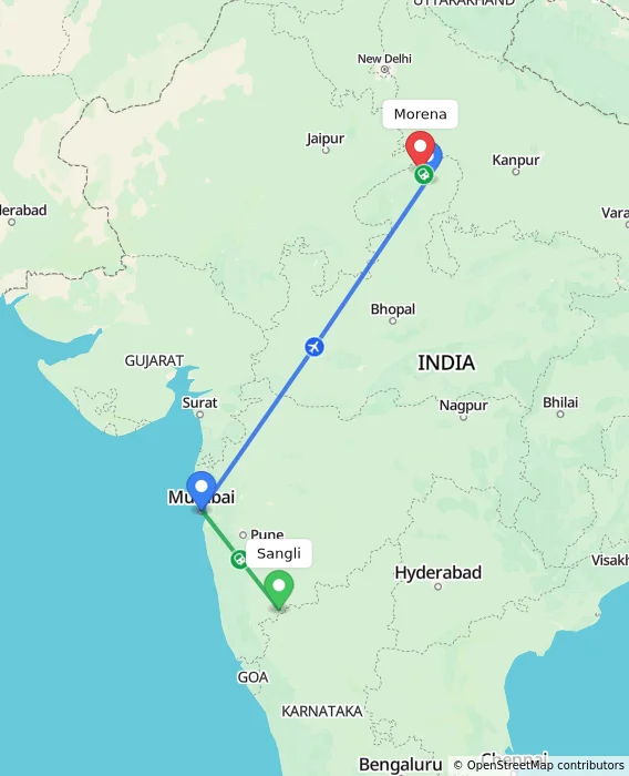 Route map showing distance and travel time from Sangli, India to Morena, India