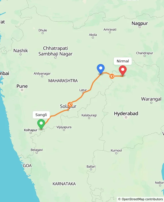 Route map showing distance and travel time from Sangli, India to Nirmal, India