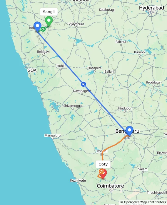 Route map showing distance and travel time from Sangli, India to Ooty, India