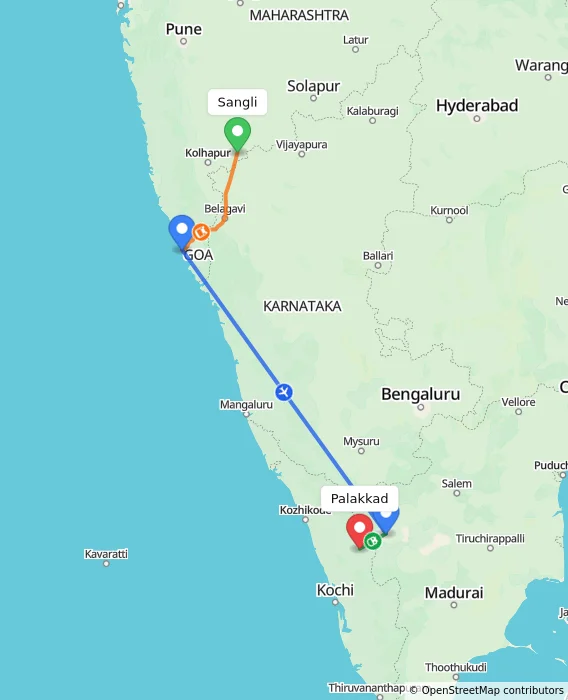 Route map showing distance and travel time from Sangli, India to Palakkad, India