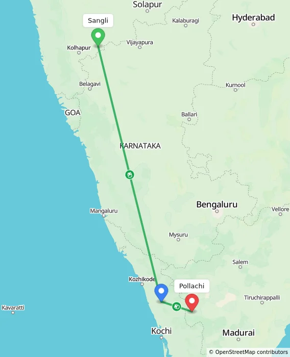Route map showing distance and travel time from Sangli, India to Pollachi, India
