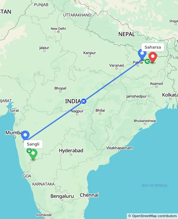 Route map showing distance and travel time from Sangli, India to Saharsa, India