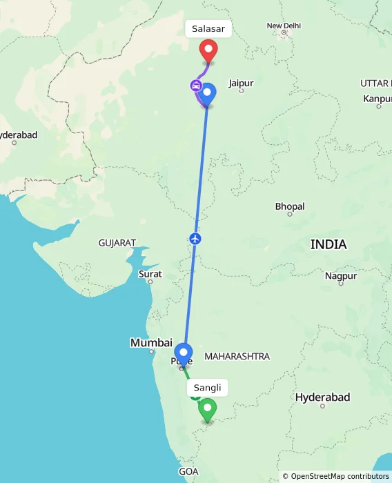Route map showing distance and travel time from Sangli, India to Salasar, India