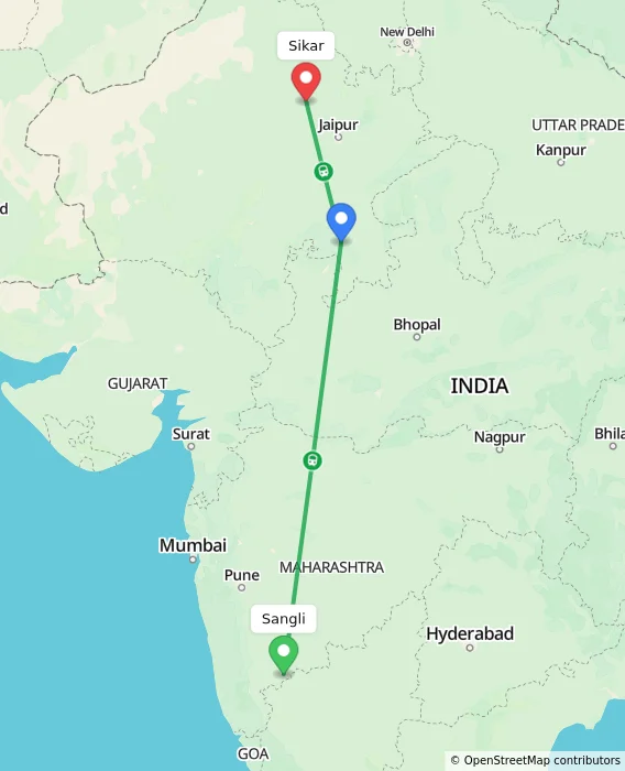 Route map showing distance and travel time from Sangli, India to Sikar, India