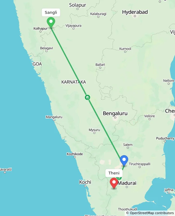 Route map showing distance and travel time from Sangli, India to Theni, India