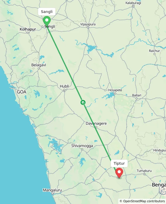 Route map showing distance and travel time from Sangli, India to Tiptur, India