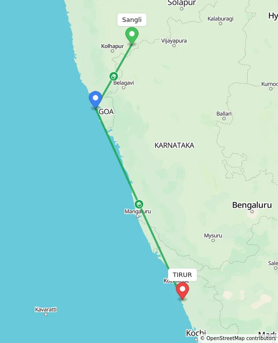 Route map showing distance and travel time from Sangli, India to TIRUR, India