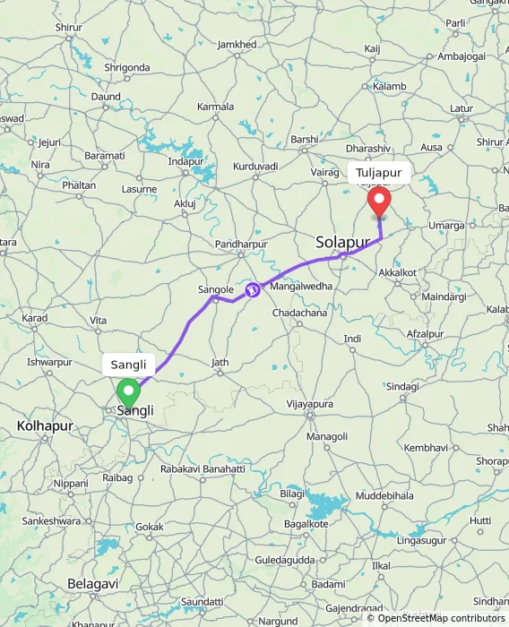 Route map showing distance and travel time from Sangli, India to Tuljapur, India
