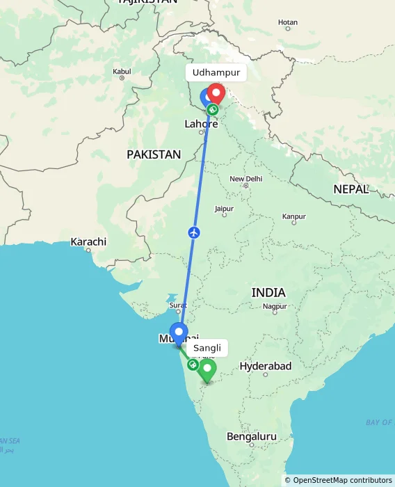 Route map showing distance and travel time from Sangli, India to Udhampur, India