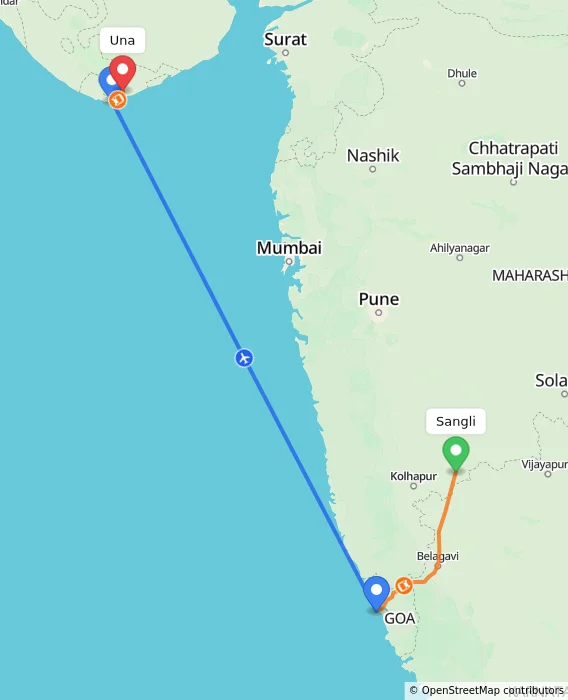 Route map showing distance and travel time from Sangli, India to Una, India