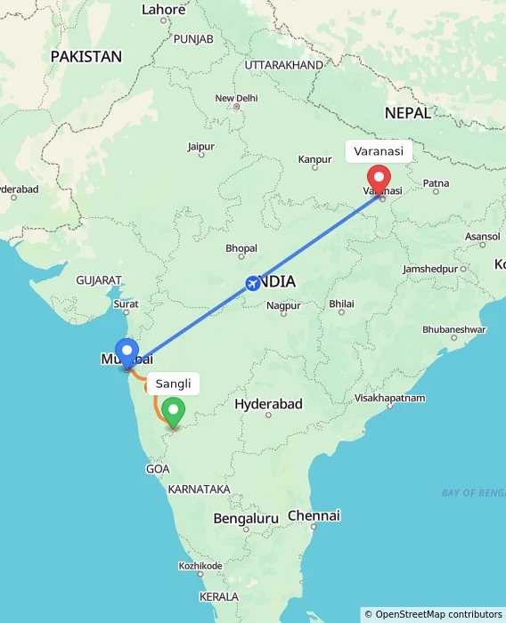 Route map showing distance and travel time from Sangli, India to Varanasi, India