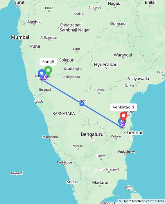 Route map showing distance and travel time from Sangli, India to Venkatagiri, India