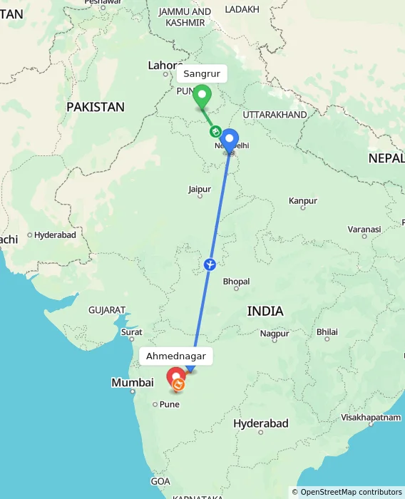 Route map showing distance and travel time from Sangrur, India to Ahmednagar, India