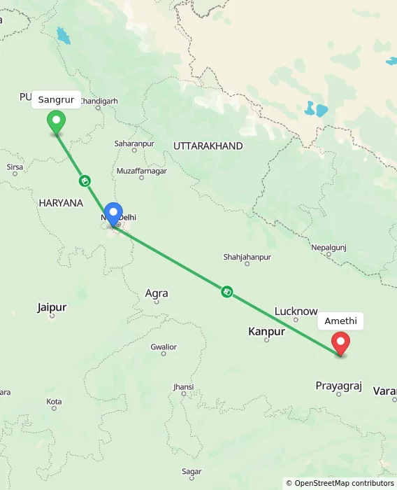 Route map showing distance and travel time from Sangrur, India to Amethi, India