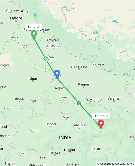 Route map showing distance and travel time from Sangrur, India to Anuppur, India
