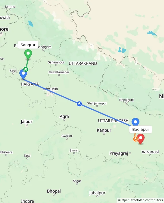 Route map showing distance and travel time from Sangrur, India to Badlapur, India