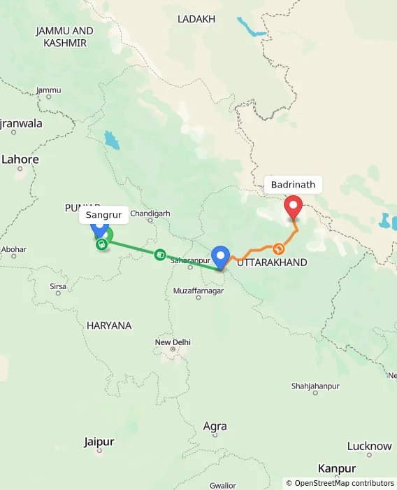Route map showing distance and travel time from Sangrur, India to Badrinath, India
