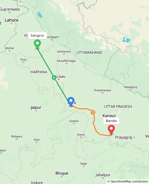 Route map showing distance and travel time from Sangrur, India to Banda, India