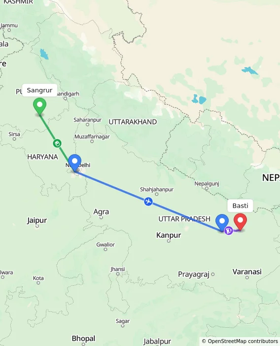 Route map showing distance and travel time from Sangrur, India to Basti, India