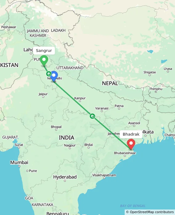 Route map showing distance and travel time from Sangrur, India to Bhadrak, India