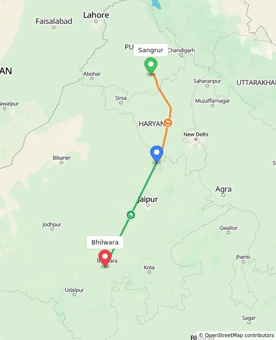 Route map showing distance and travel time from Sangrur, India to Bhilwara, India