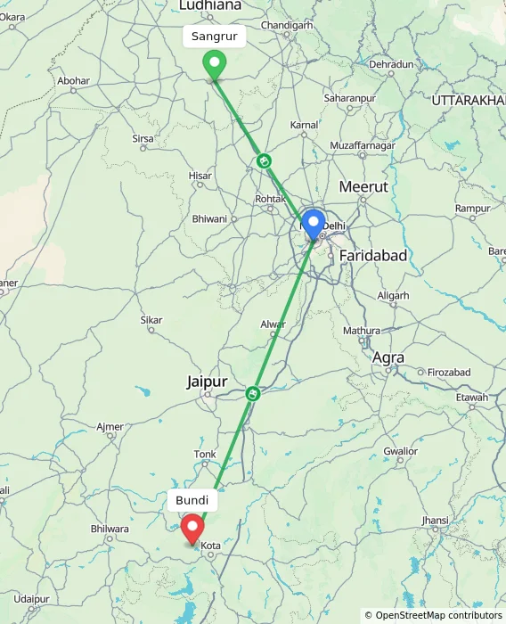 Route map showing distance and travel time from Sangrur, India to Bundi, India
