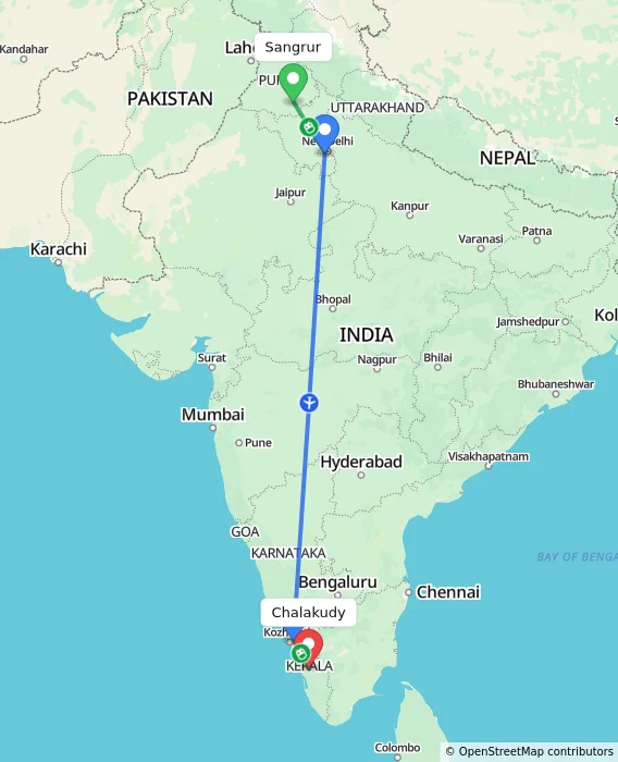 Route map showing distance and travel time from Sangrur, India to Chalakudy, India