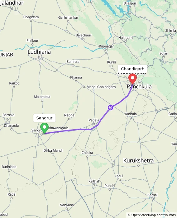 Route map showing distance and travel time from Sangrur, India to Chandigarh, India