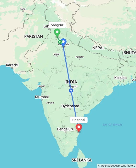 Route map showing distance and travel time from Sangrur, India to Chennai, India