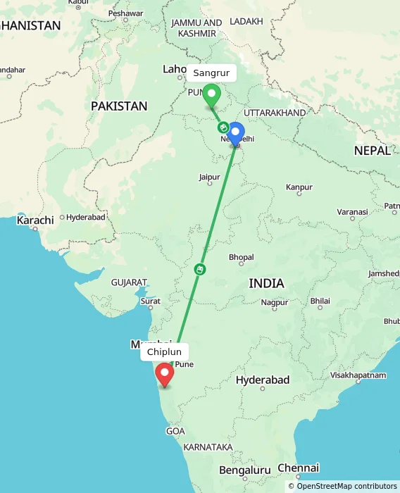 Route map showing distance and travel time from Sangrur, India to Chiplun, India