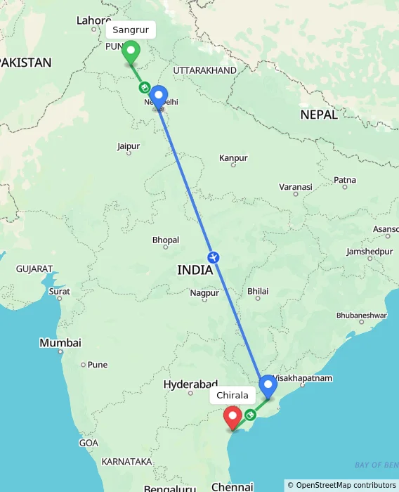 Route map showing distance and travel time from Sangrur, India to Chirala, India
