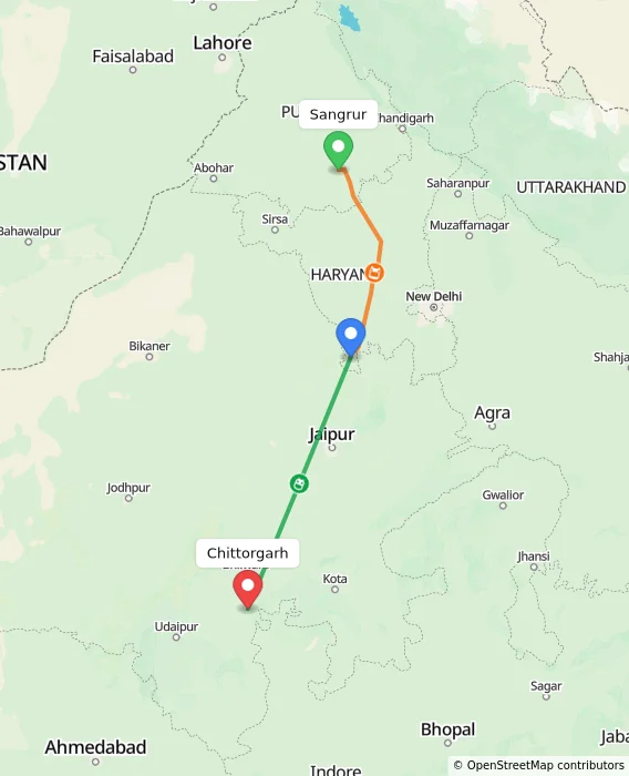 Route map showing distance and travel time from Sangrur, India to Chittorgarh, India