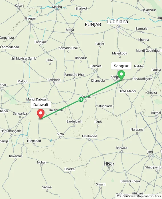 Route map showing distance and travel time from Sangrur, India to Dabwali, India