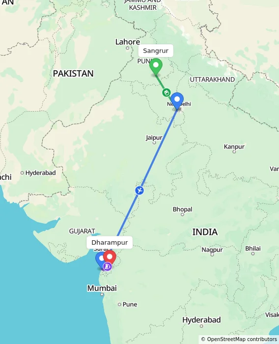 Route map showing distance and travel time from Sangrur, India to Dharampur, India