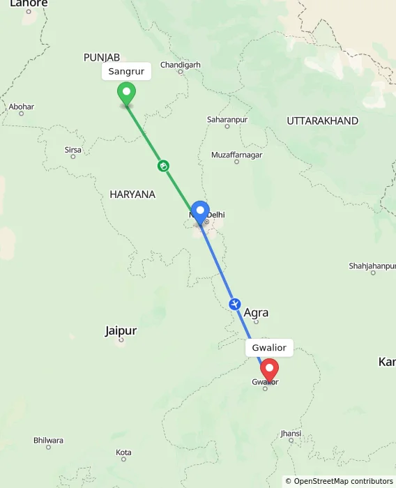Route map showing distance and travel time from Sangrur, India to Gwalior, India