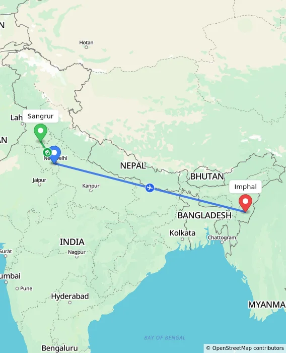 Route map showing distance and travel time from Sangrur, India to Imphal, India