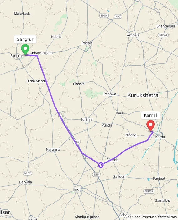 Route map showing distance and travel time from Sangrur, India to Karnal, India