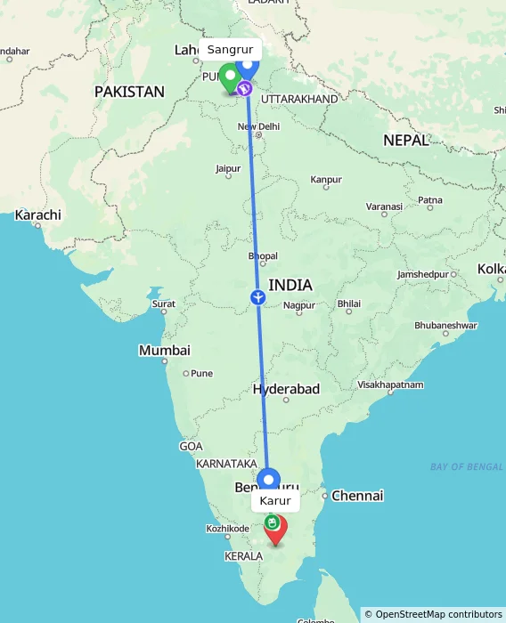 Route map showing distance and travel time from Sangrur, India to Karur, India