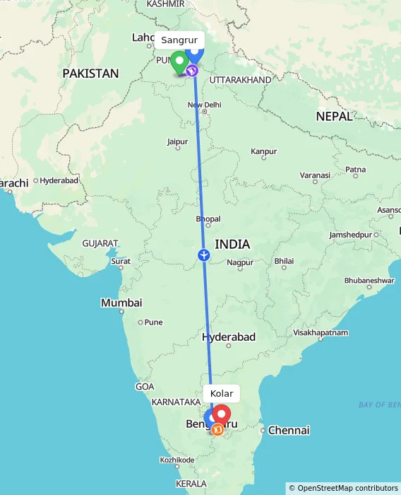 Route map showing distance and travel time from Sangrur, India to Kolar, India