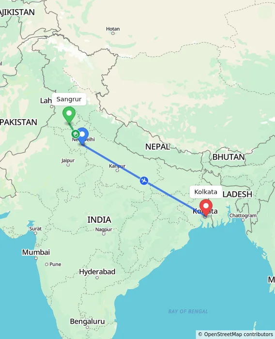 Route map showing distance and travel time from Sangrur, India to Kolkata, India