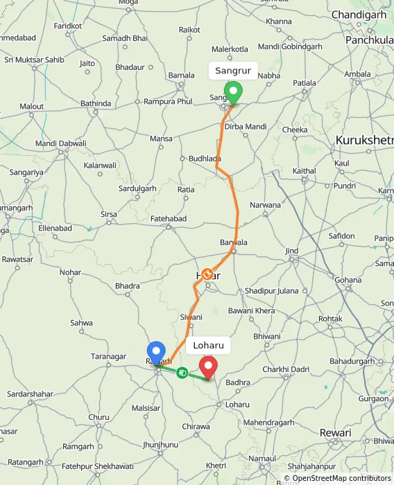 Route map showing distance and travel time from Sangrur, India to Loharu, India