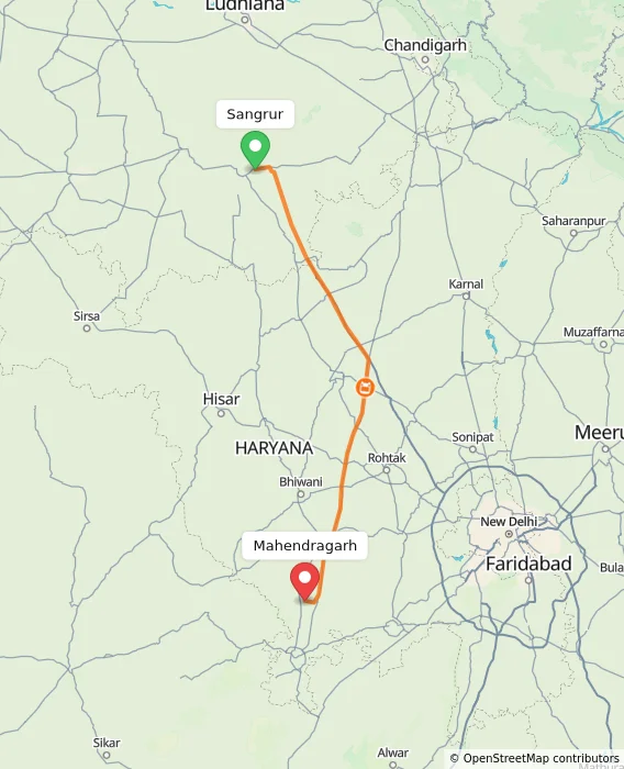 Route map showing distance and travel time from Sangrur, India to Mahendragarh, India